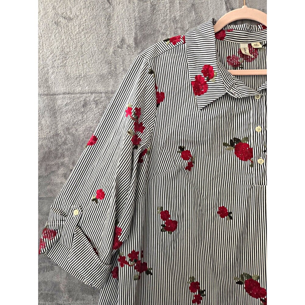 Tacera Women's Shirt Dress 2x Striped Embroidered Red Floral Collared Button-Up